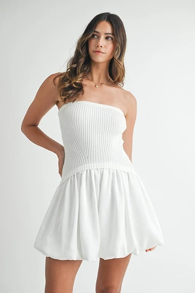 White Ribbed Balloon Tube Mini Dress