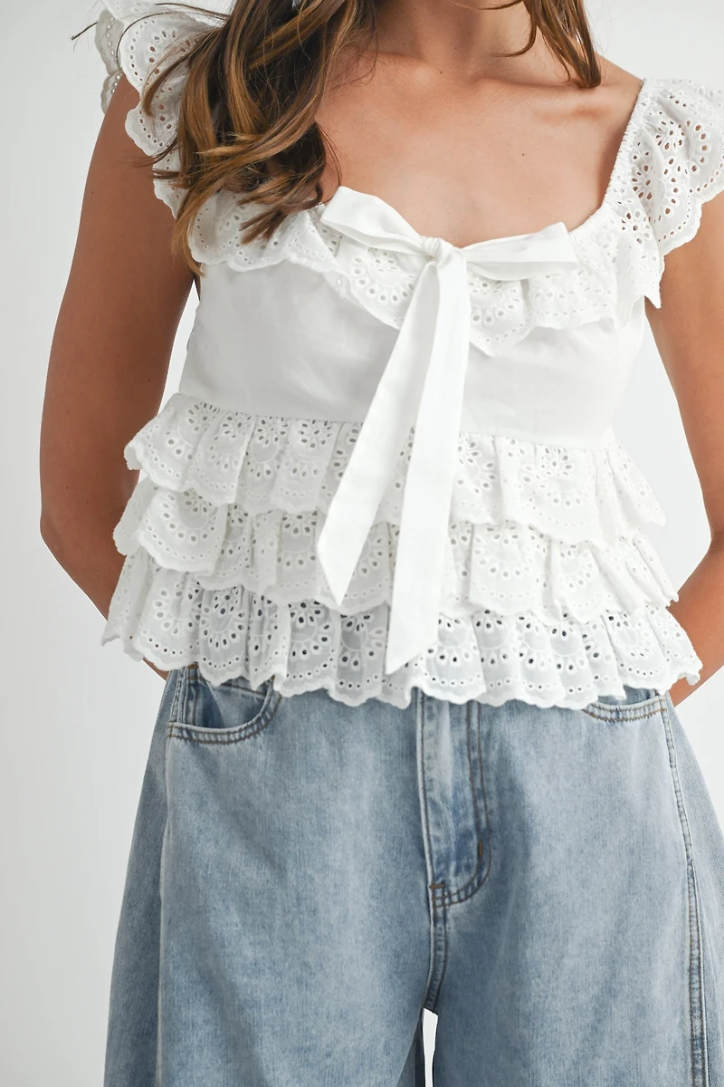 White Eyelet Ruffle Tie Top