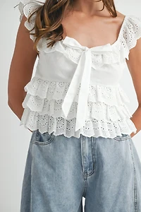 White Eyelet Ruffle Tie Top