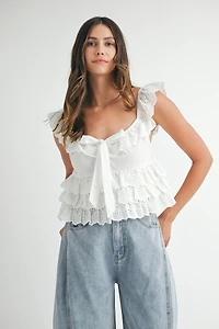White Eyelet Ruffle Tie Top