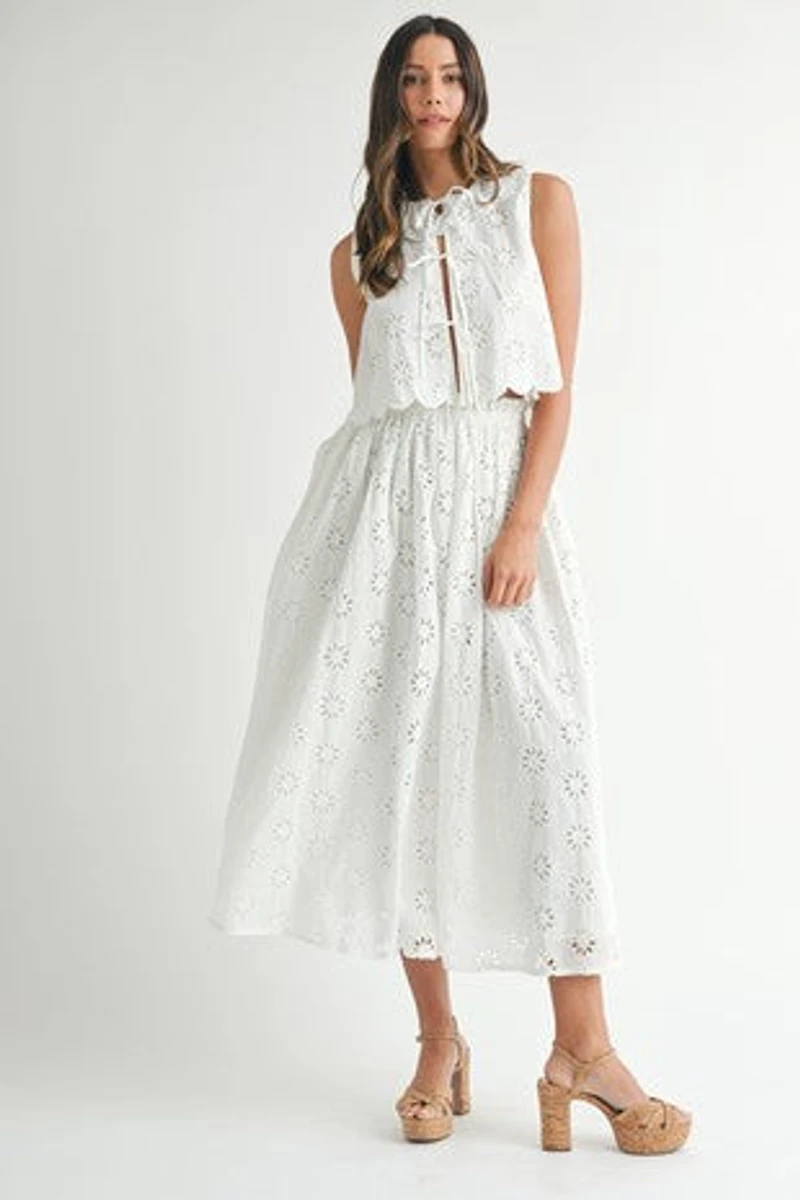 Eyelet Lace Self Tie Blouse And Midi Skirt Set