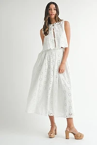 Eyelet Lace Self Tie Blouse And Midi Skirt Set