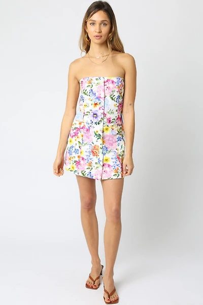 White Multi Floral Strapless Dress