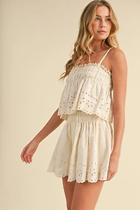 Embroidered Cami And Shorts Set With Lace Trim