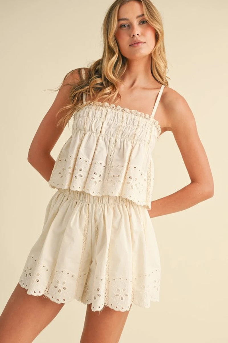 Embroidered Cami And Shorts Set With Lace Trim