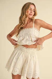 Embroidered Cami And Shorts Set With Lace Trim