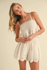 Embroidered Cami And Shorts Set With Lace Trim