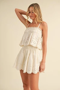 Embroidered Cami And Shorts Set With Lace Trim