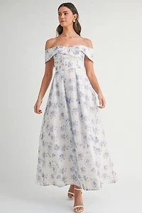 Blue Floral Off Shoulder Maxi Dress