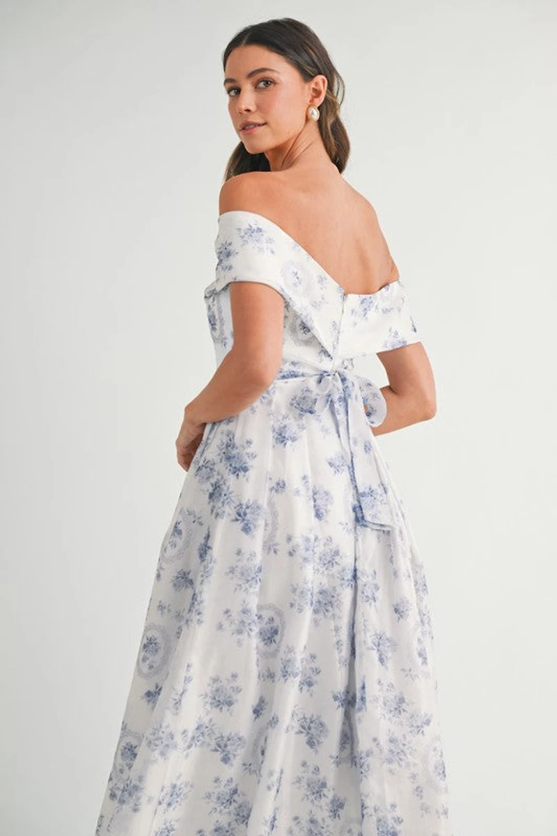 Blue Floral Off Shoulder Maxi Dress