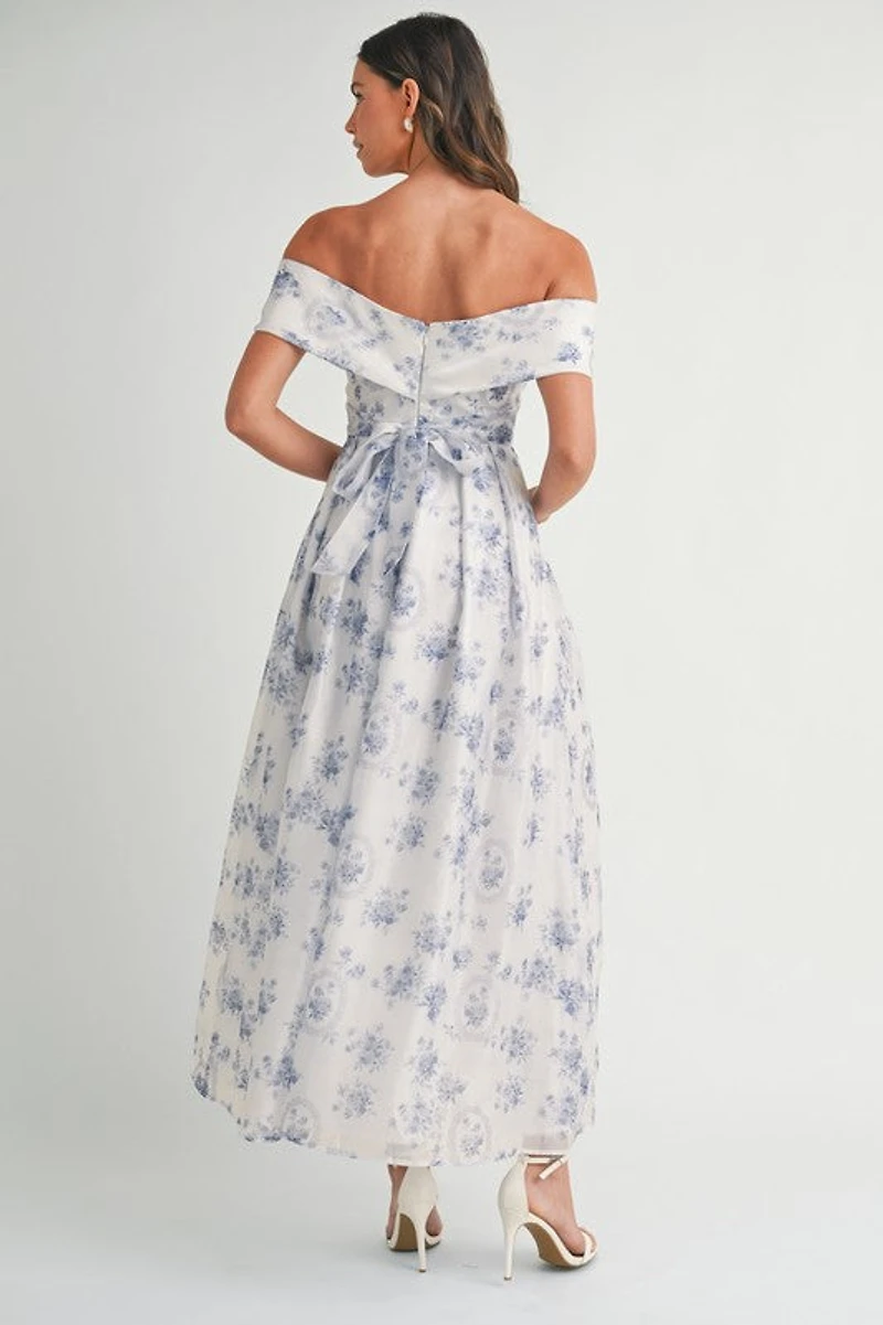 Blue Floral Off Shoulder Maxi Dress