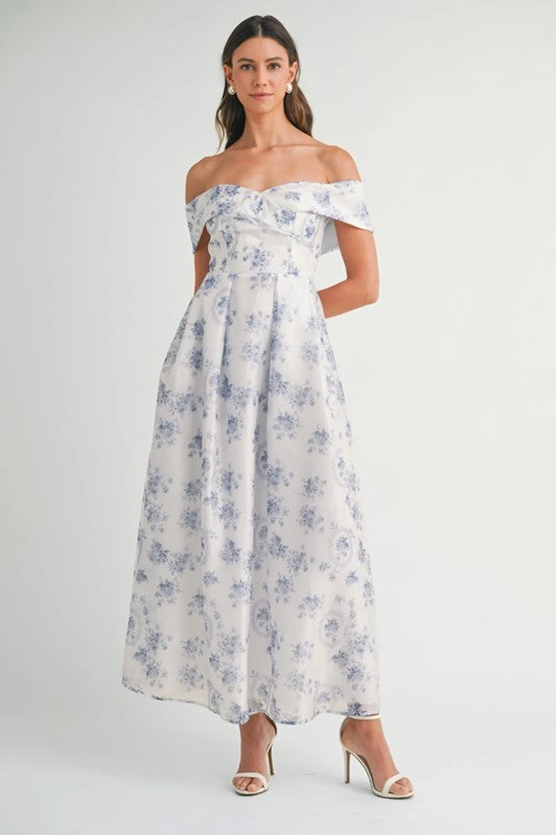 Blue Floral Off Shoulder Maxi Dress