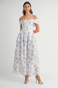 Blue Floral Off Shoulder Maxi Dress