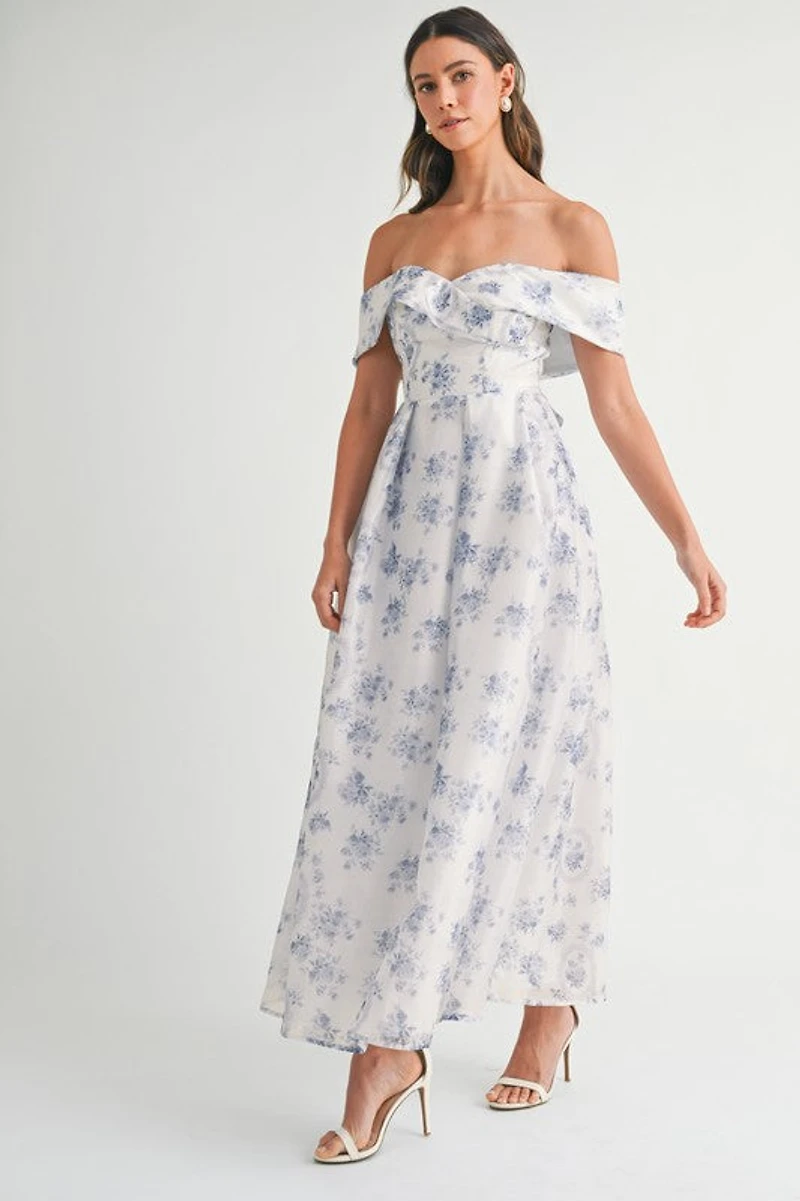 Blue Floral Off Shoulder Maxi Dress