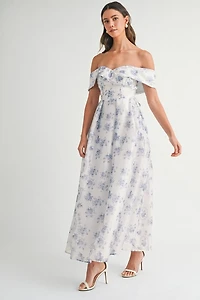 Blue Floral Off Shoulder Maxi Dress