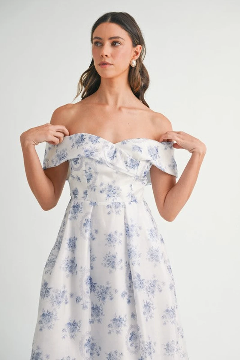 Blue Floral Off Shoulder Maxi Dress