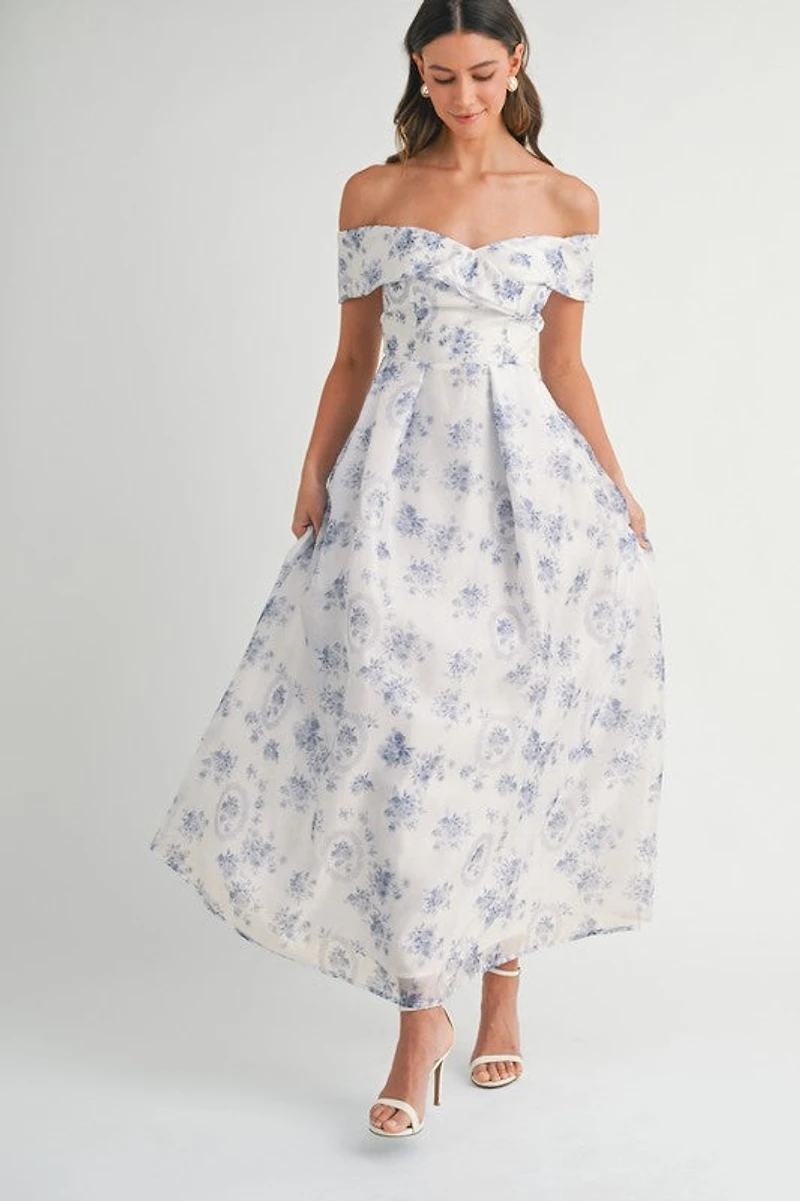 Blue Floral Off Shoulder Maxi Dress
