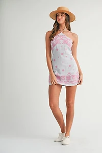 Blue Embroidered Halter Neck Dress