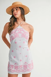 Blue Embroidered Halter Neck Dress