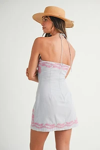 Blue Embroidered Halter Neck Dress