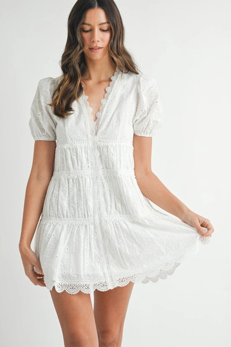 White Eyelet lace V-Neck Dress