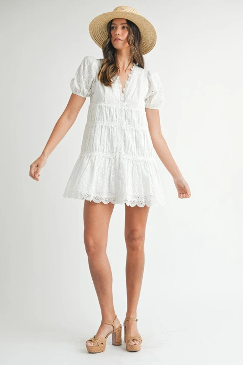 White Eyelet lace V-Neck Dress