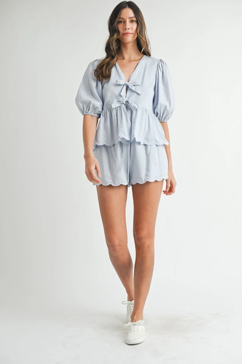 Blue Scallop Hem Top & Shorts Set