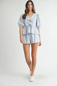 Blue Scallop Hem Top & Shorts Set