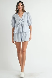Blue Scallop Hem Top & Shorts Set