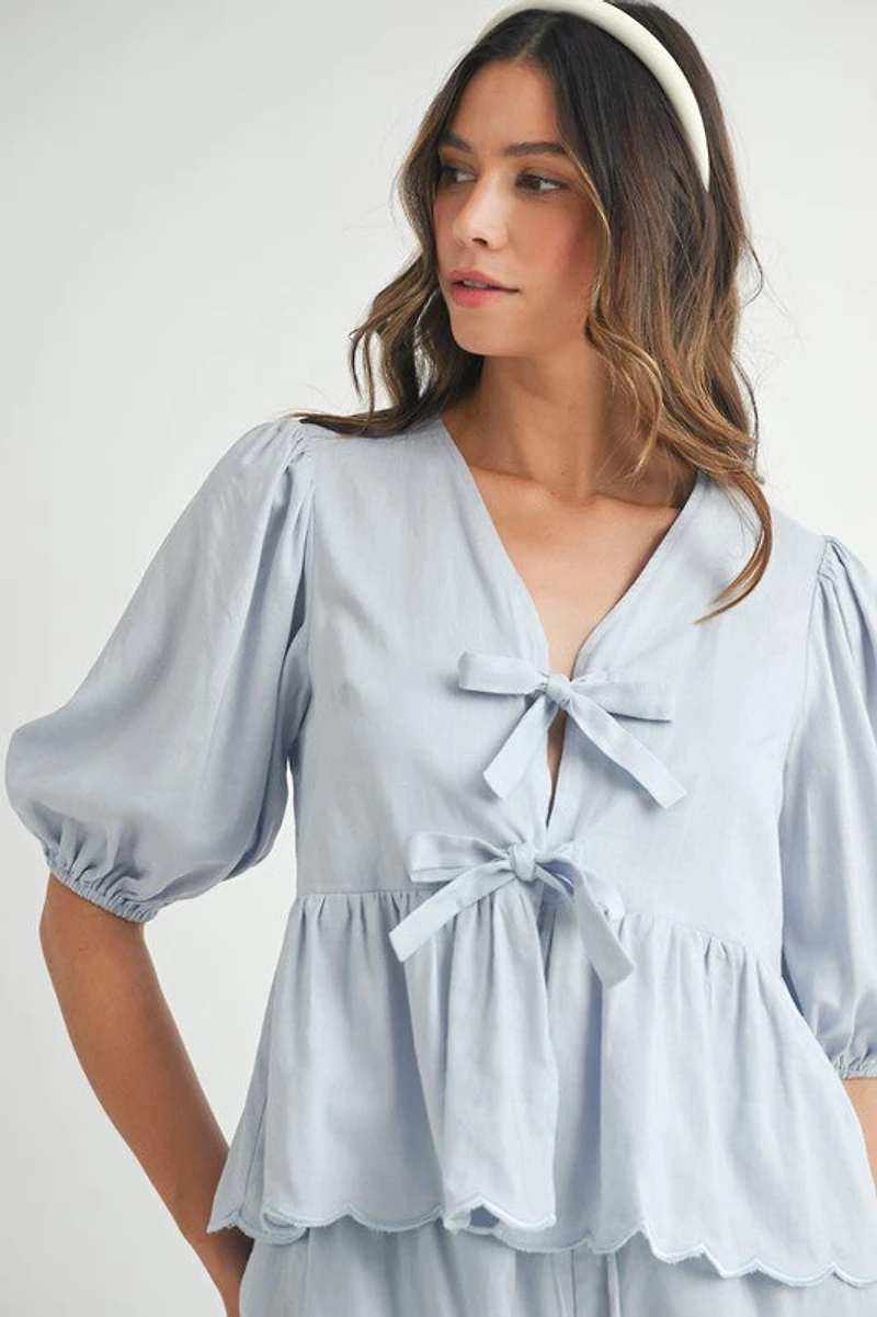 Blue Scallop Hem Top & Shorts Set