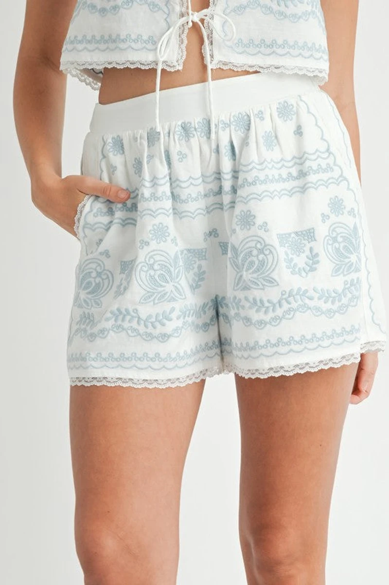 White Embroidered Front Tie Top & Shorts Set