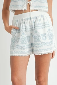 White Embroidered Front Tie Top & Shorts Set