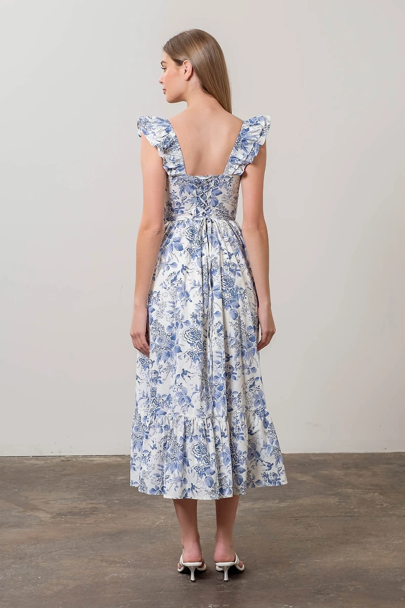 Blue Ruffle Tiered Floral Dress