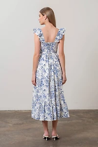 Blue Ruffle Tiered Floral Dress