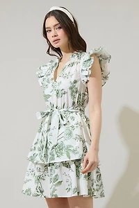 Green & White Floral Marisol Tiered Mini Dress