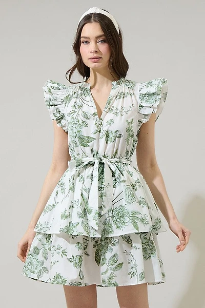 Green & White Floral Marisol Tiered Mini Dress