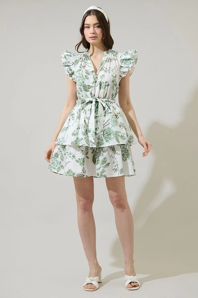 Green & White Floral Marisol Tiered Mini Dress