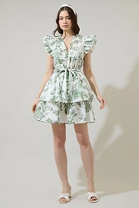 Green & White Floral Marisol Tiered Mini Dress