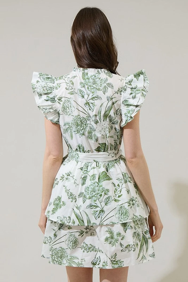 Green & White Floral Marisol Tiered Mini Dress