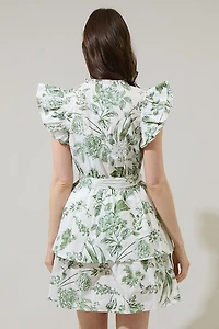 Green & White Floral Marisol Tiered Mini Dress
