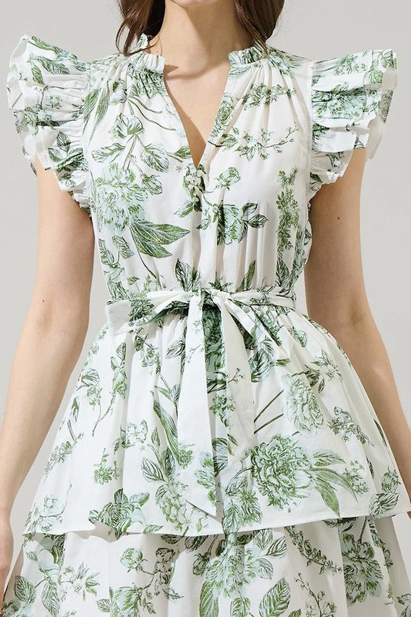 Green & White Floral Marisol Tiered Mini Dress