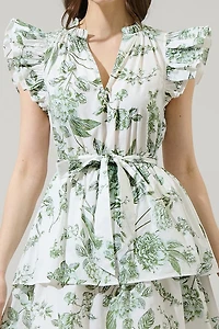 Green & White Floral Marisol Tiered Mini Dress