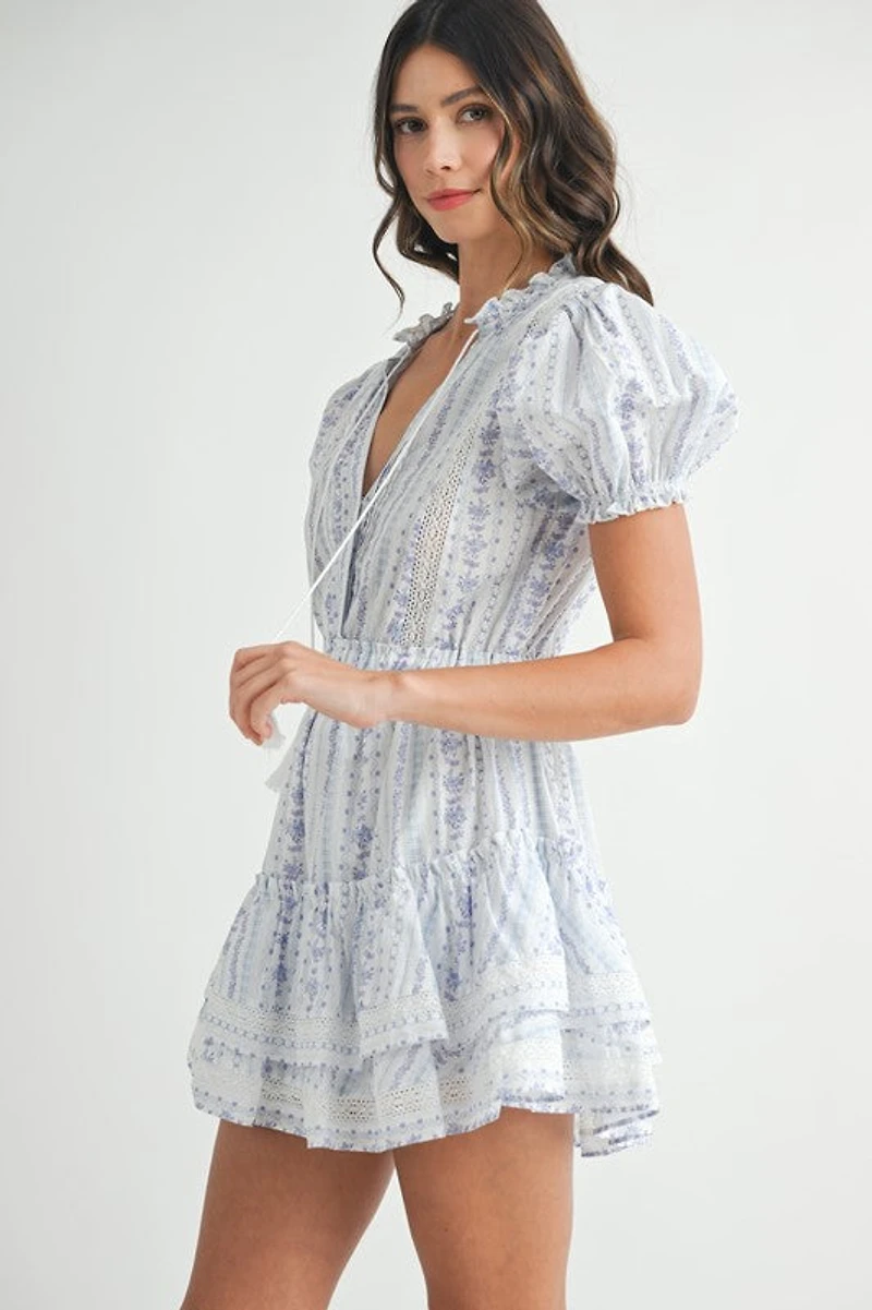 Blue Floral Lace Ruffle Mini Dress