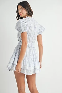 Blue Floral Lace Ruffle Mini Dress