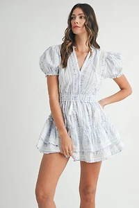 Blue Floral Lace Ruffle Mini Dress