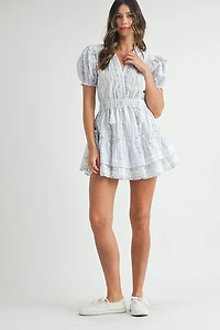 Blue Floral Lace Ruffle Mini Dress