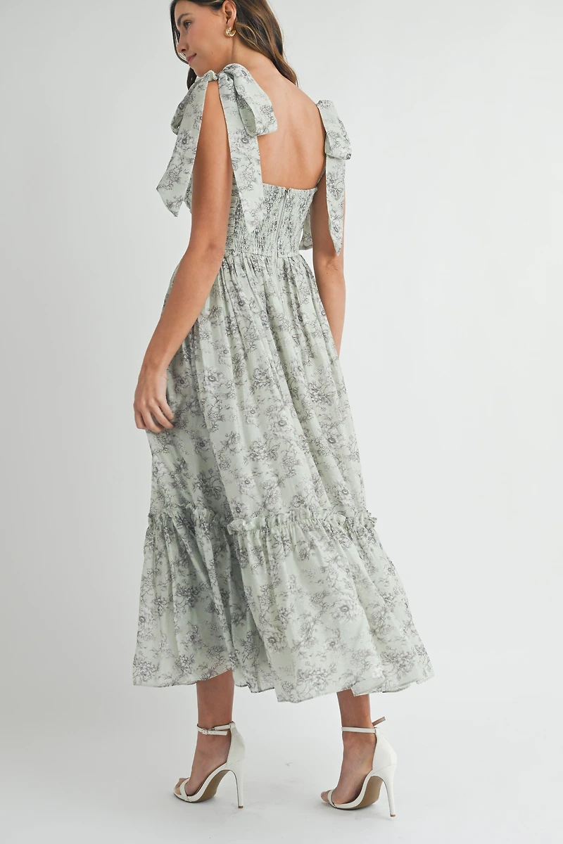 Blue Floral Ruched Midi Dress