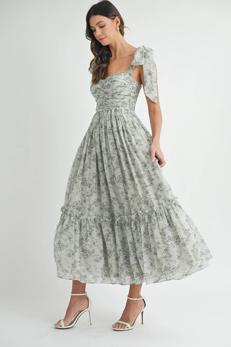 Blue Floral Ruched Midi Dress