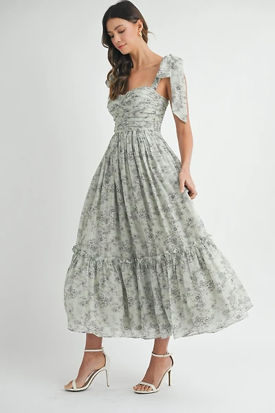Blue Floral Ruched Midi Dress