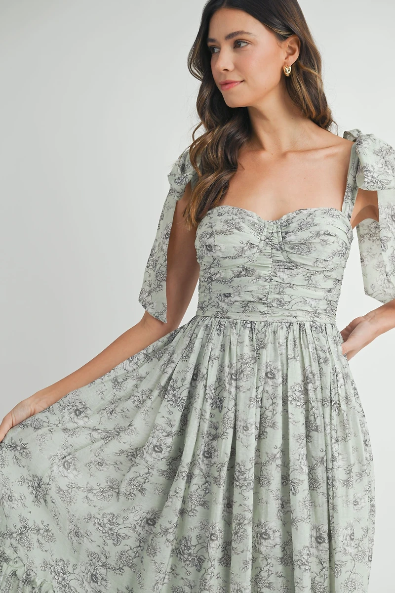 Blue Floral Ruched Midi Dress
